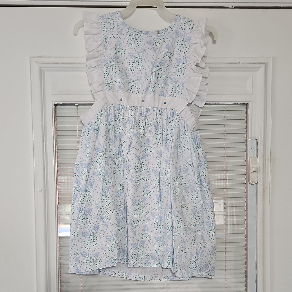 Girls White Floral Ruffle Dress - Light Blue & Green Print